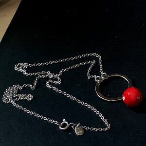 Sterling Silver Chain with Red Corral Hoop Pendant